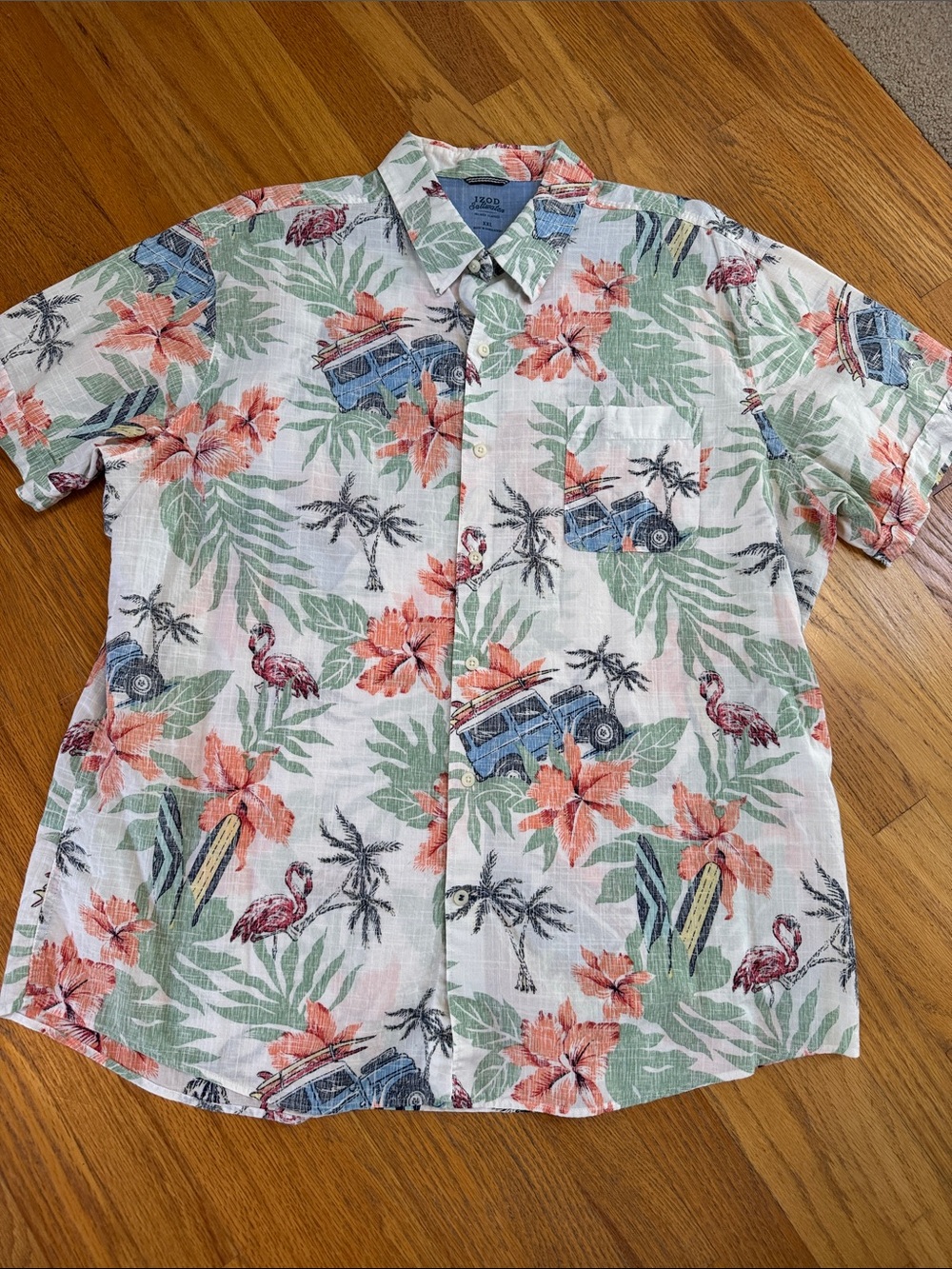 Izod Short Sleeve Button-Down Shirt - White with Green & Coral